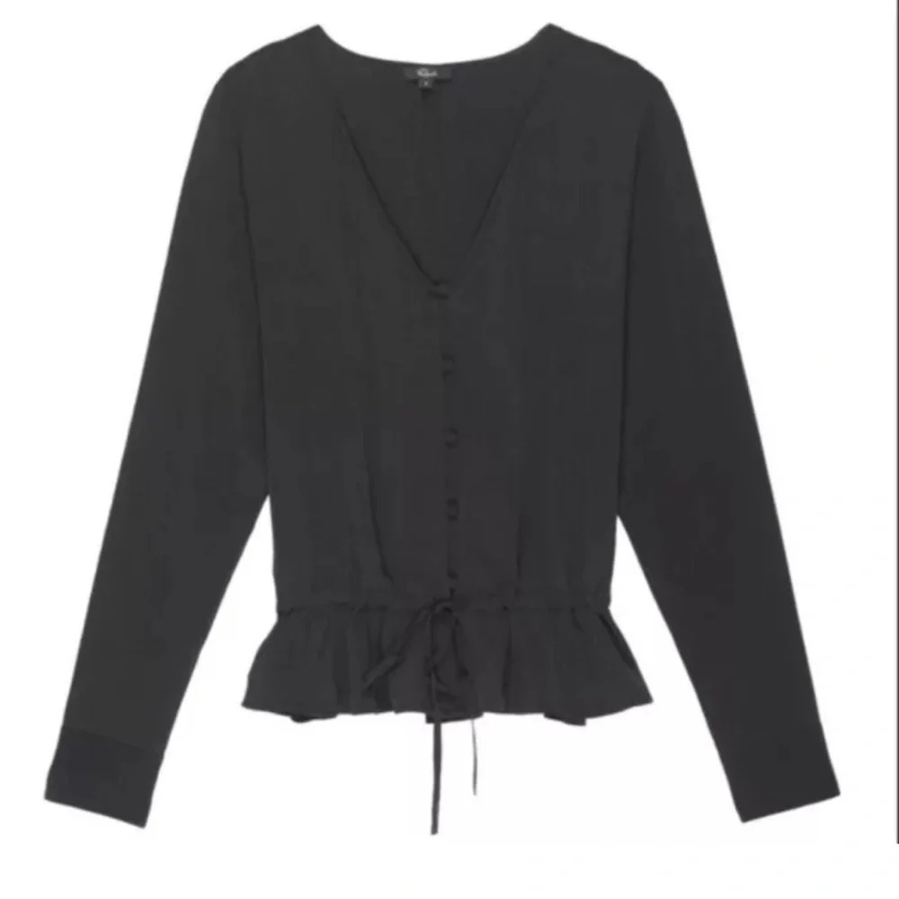 NWOT Rails Beaux Top Blouse Black Silk Ruffle Hem Waist Tie Casual Women’s XS
